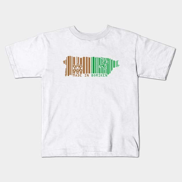 Puerto Rico Map Made in Boriken Taino Symbols Barcode Green Brown Design Kids T-Shirt by bydarling